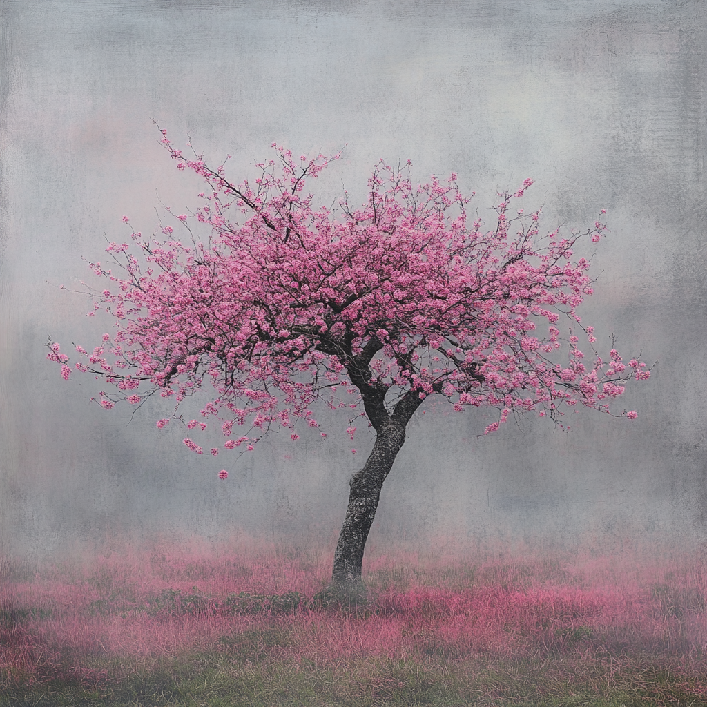 Pink blossoms on old plum tree in dreamy fog.