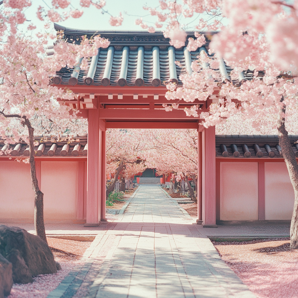 Pink blossoms surround modern temple entry, film photograph effect.