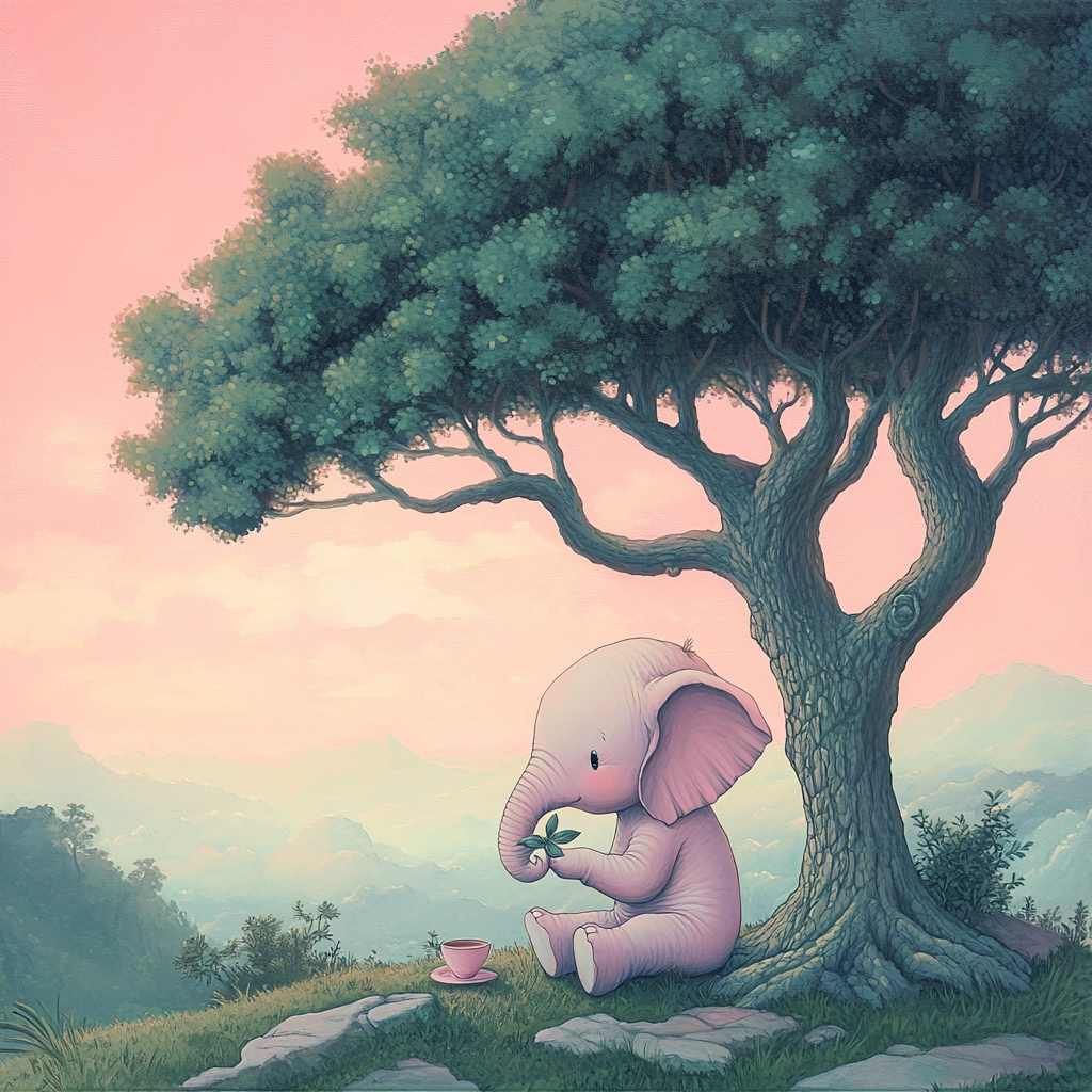 Pink elephant under tea tree, gazing at sunrise.