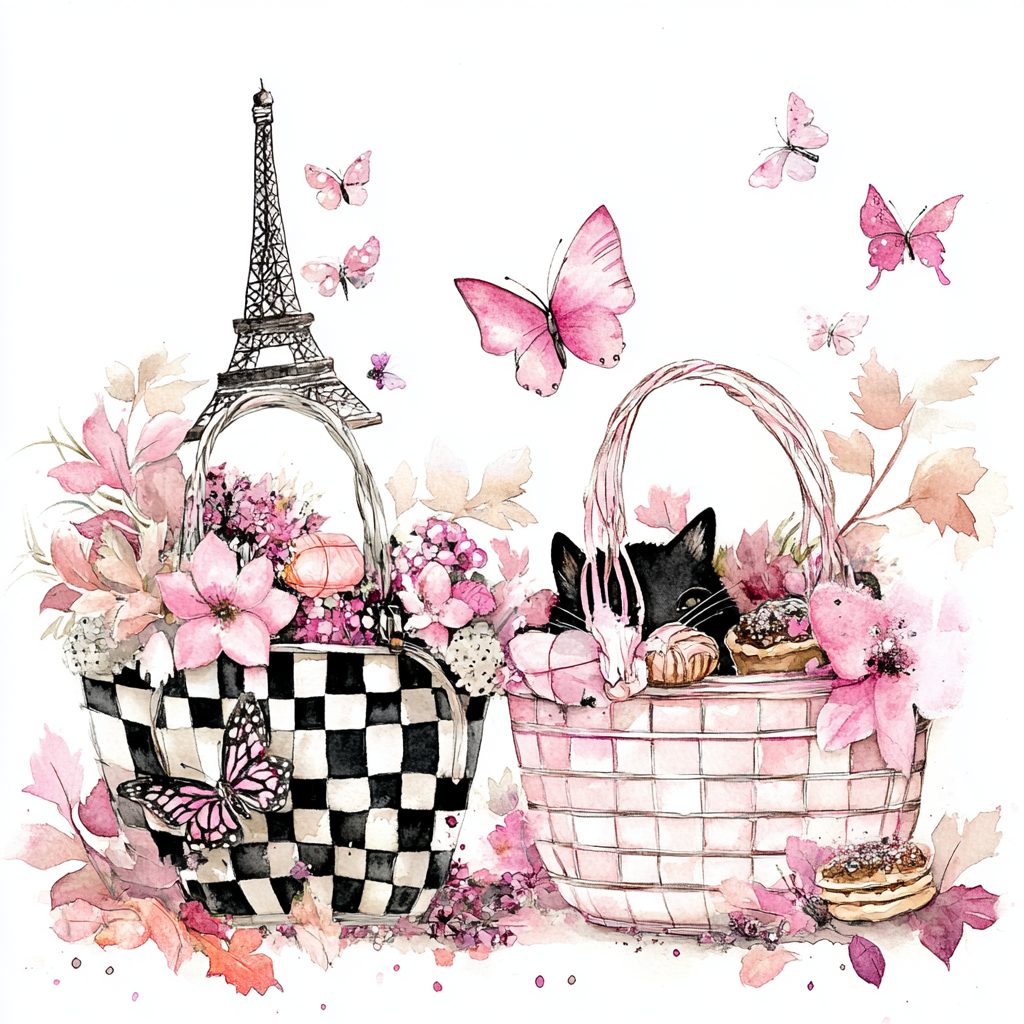 Pink fall baskets with Paris elements and butterflies illustration.