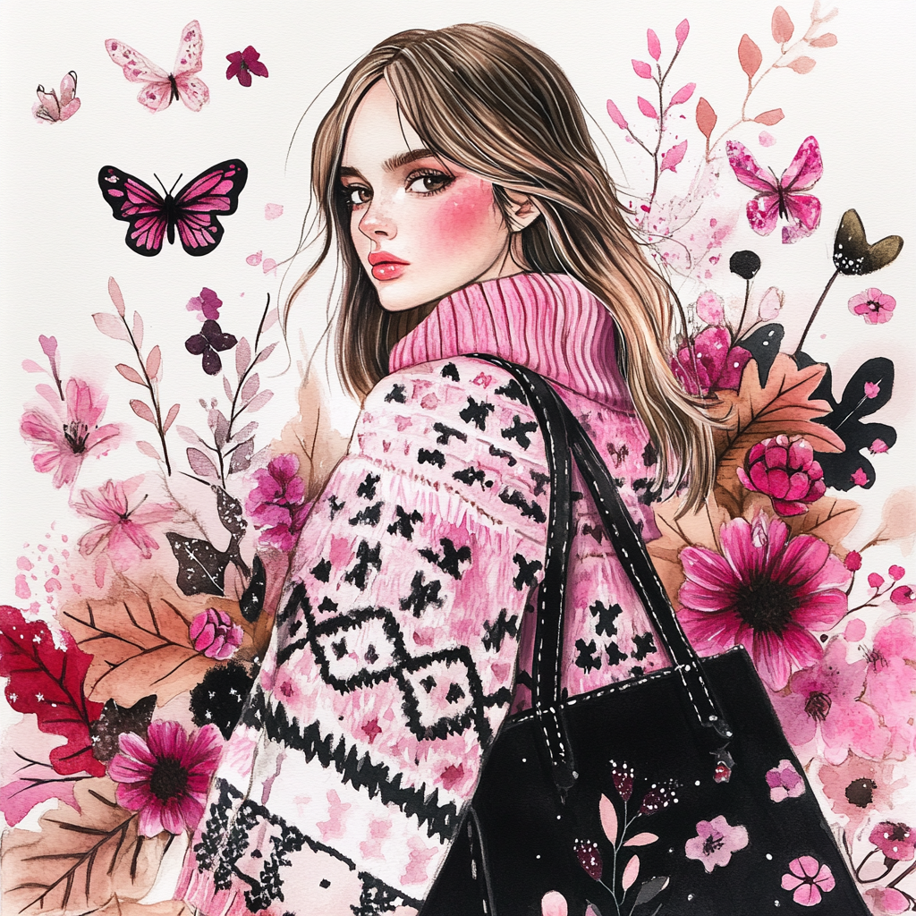 Pink fall season girl with harlequin sweater and butterflies.