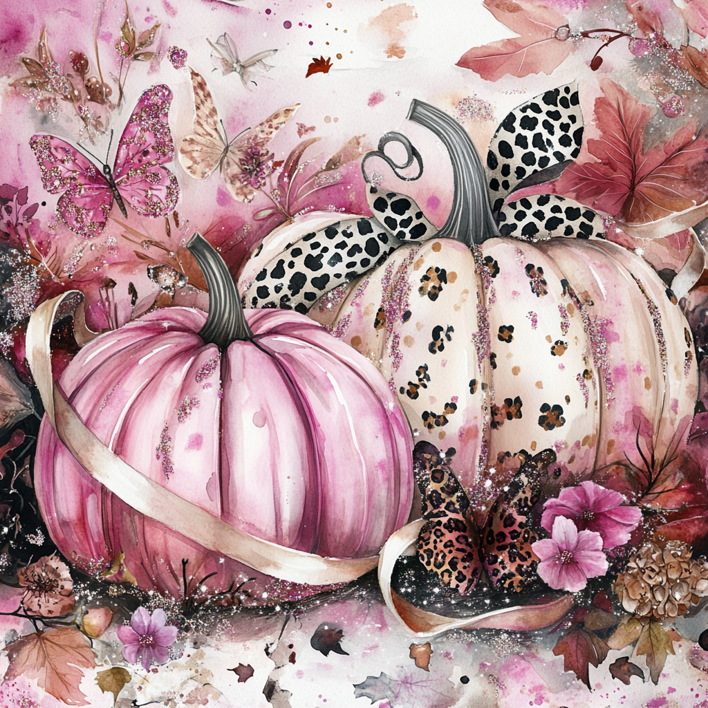 Pink fall season illustration with sparkling pumpkins and butterflies