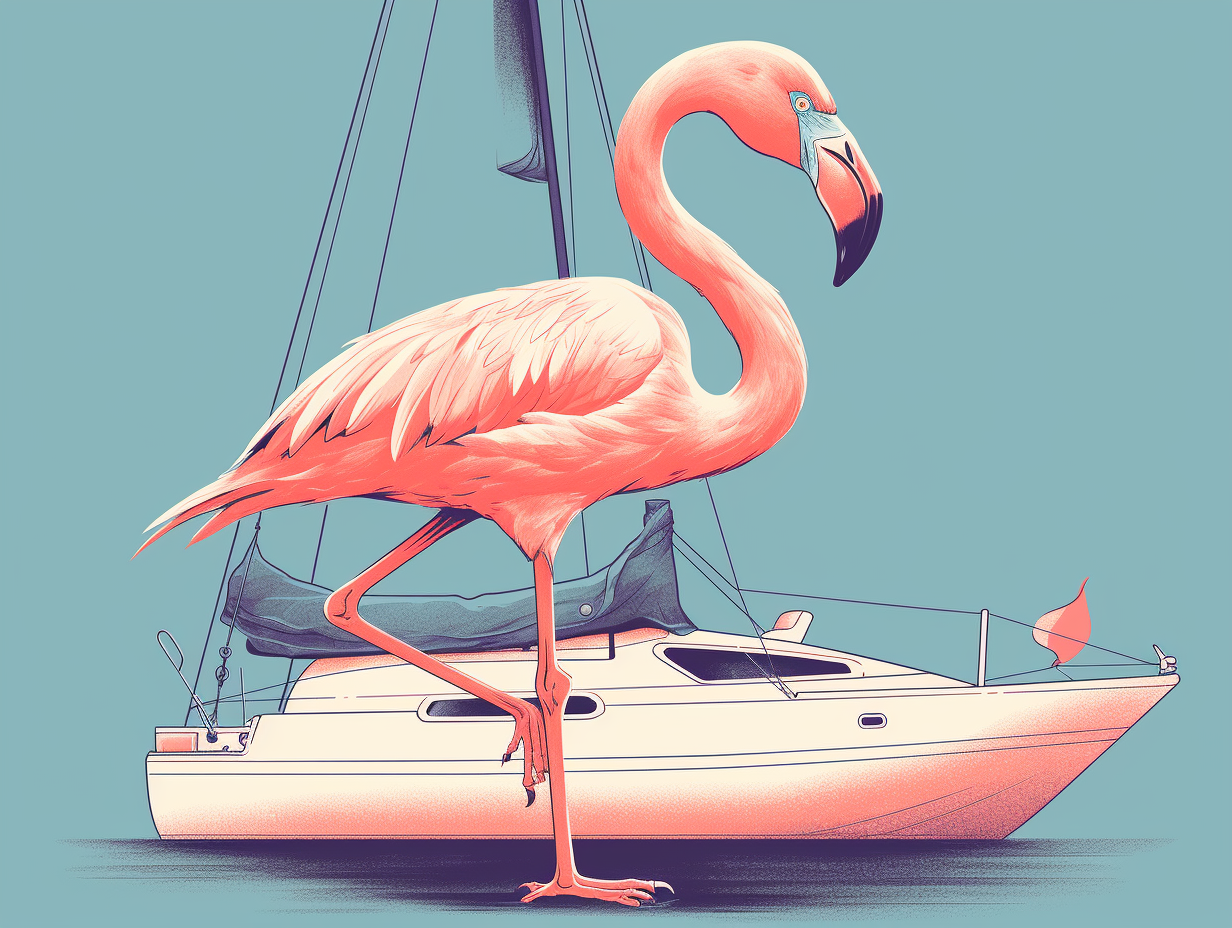 Pink flamingo with sunglasses, standing stylishly on yacht.