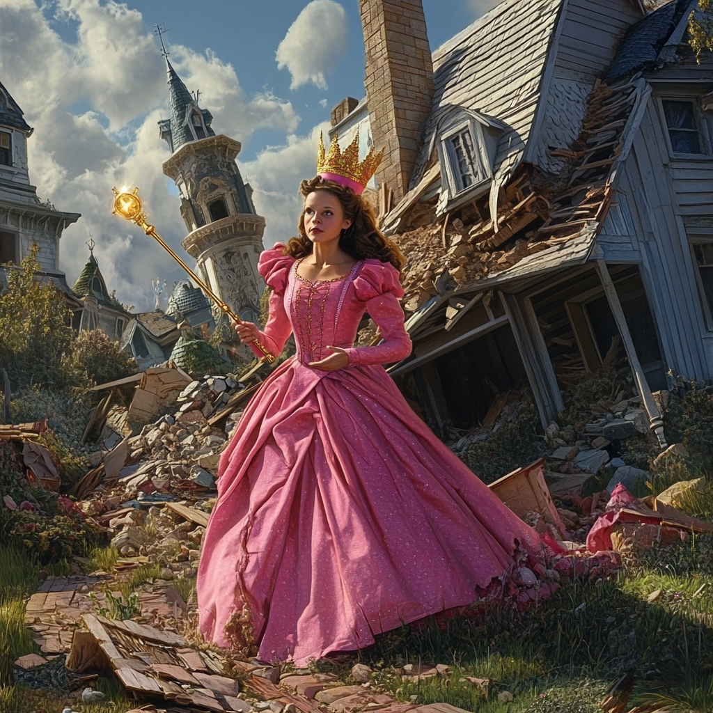 Pink gown, golden wand, good witch, bad witch's downfall.