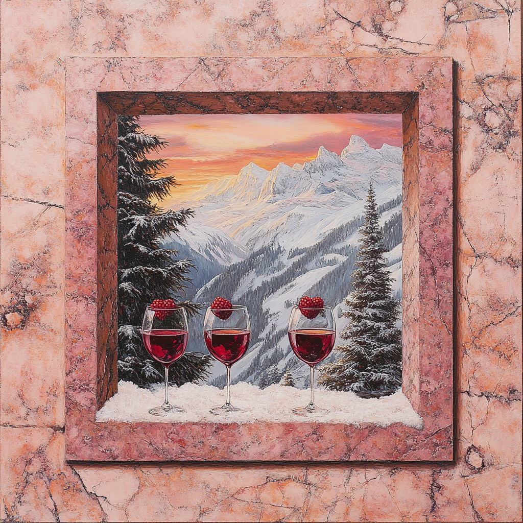 Pink granite wall, window with wine glasses, Christmas trees, Alps.