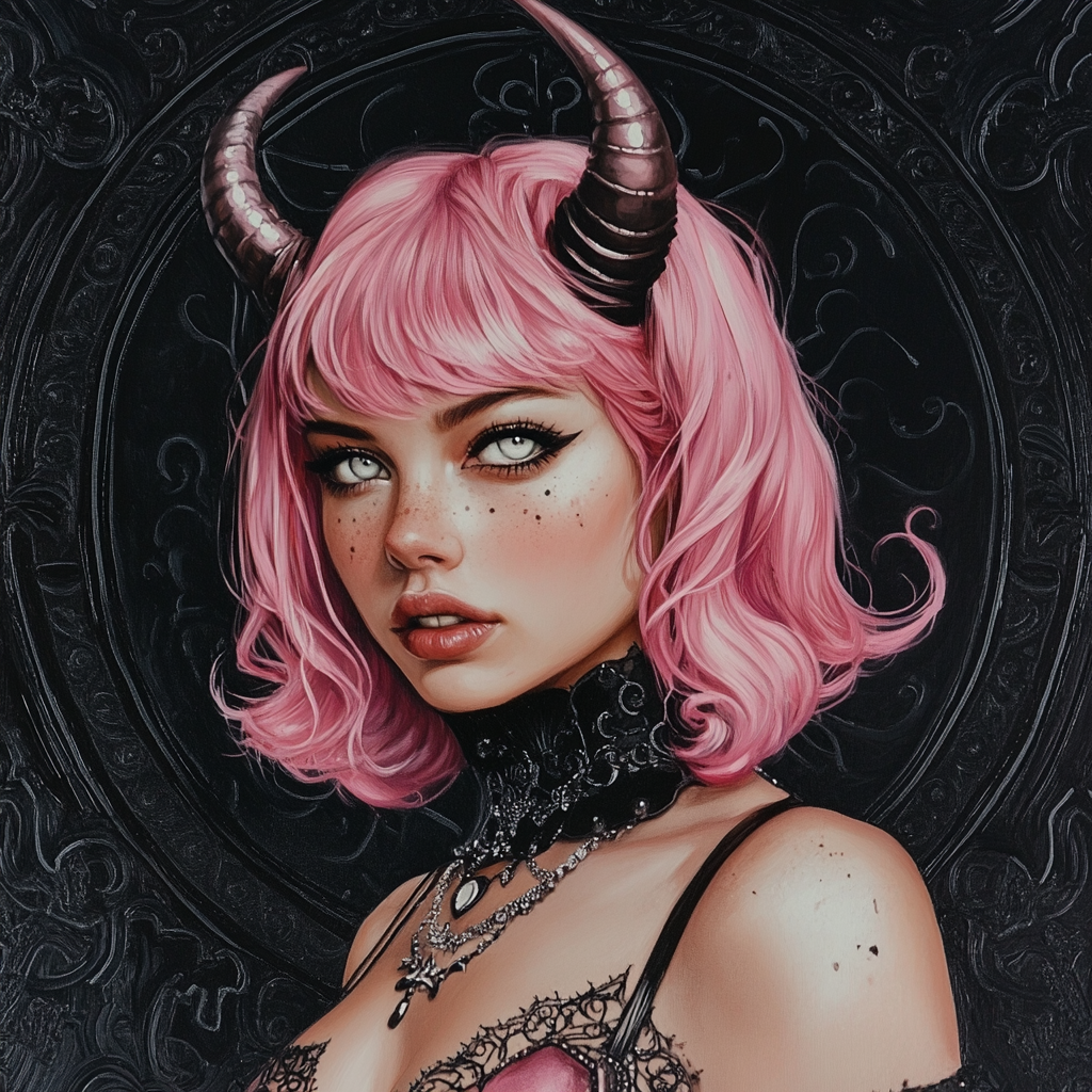 Pink hair woman with white eyes and horns portrait.