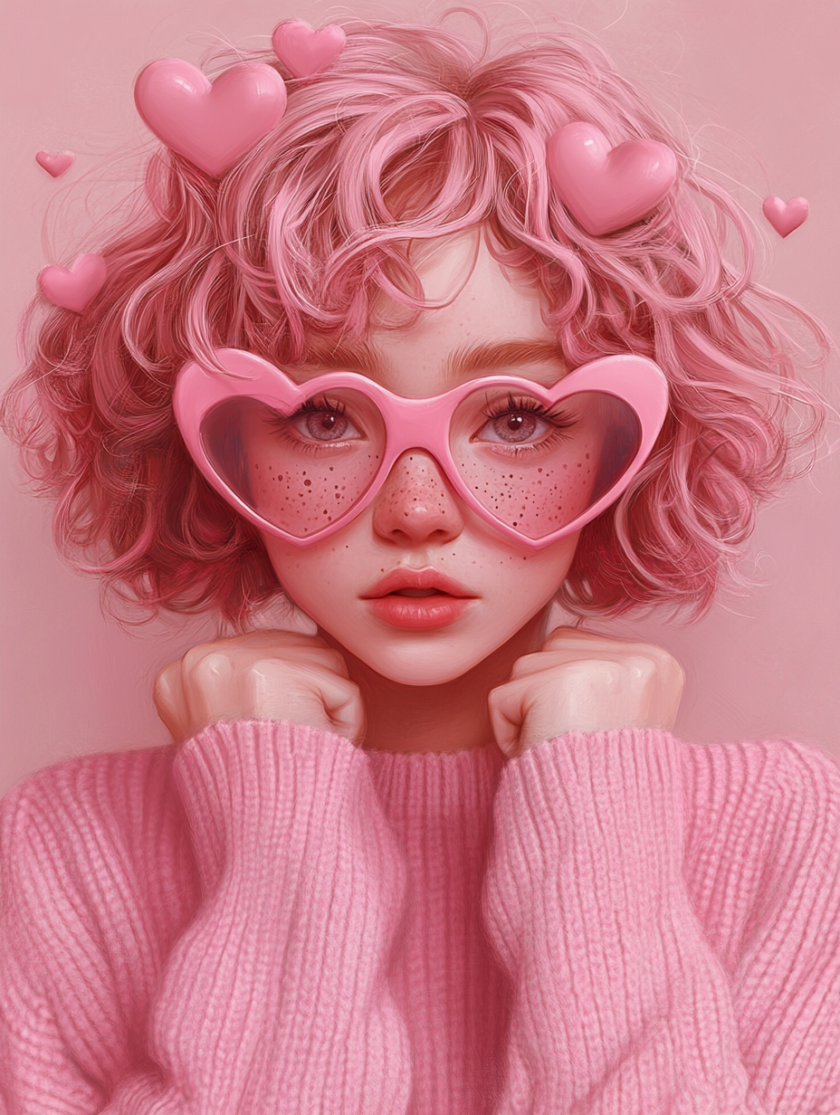 Pink-haired girl with freckles wears heart-shaped glasses.