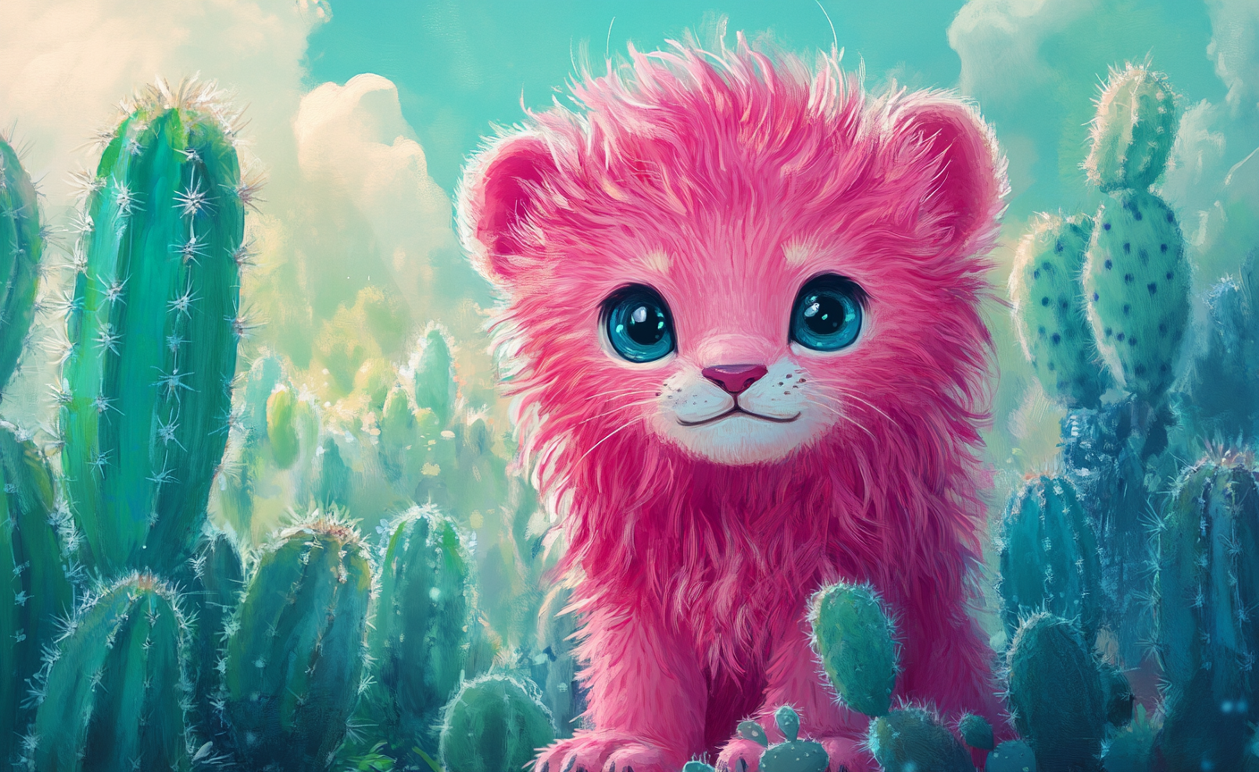 Pink lion cub with long hair in cactus garden.