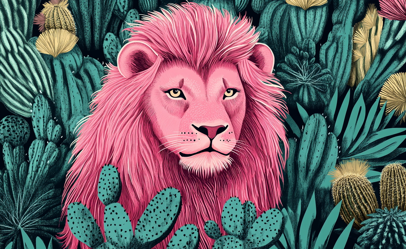 Pink lion with long hair among cactus garden.