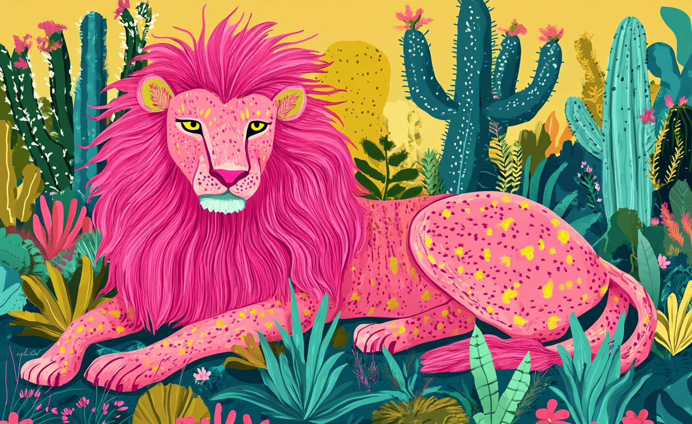 Pink lion with long hair in cactus garden, elegant.