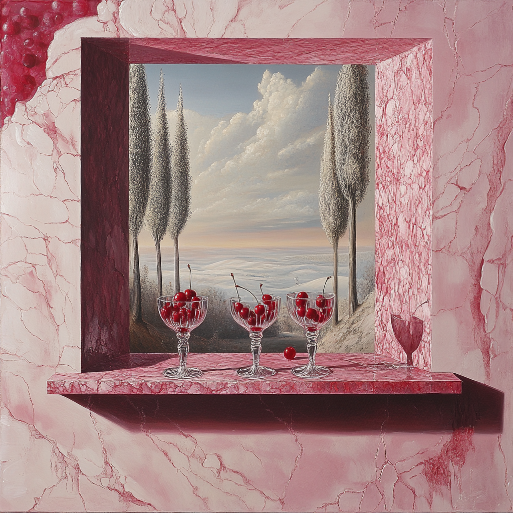 Pink marble wall, square opening, cherries in goblets.