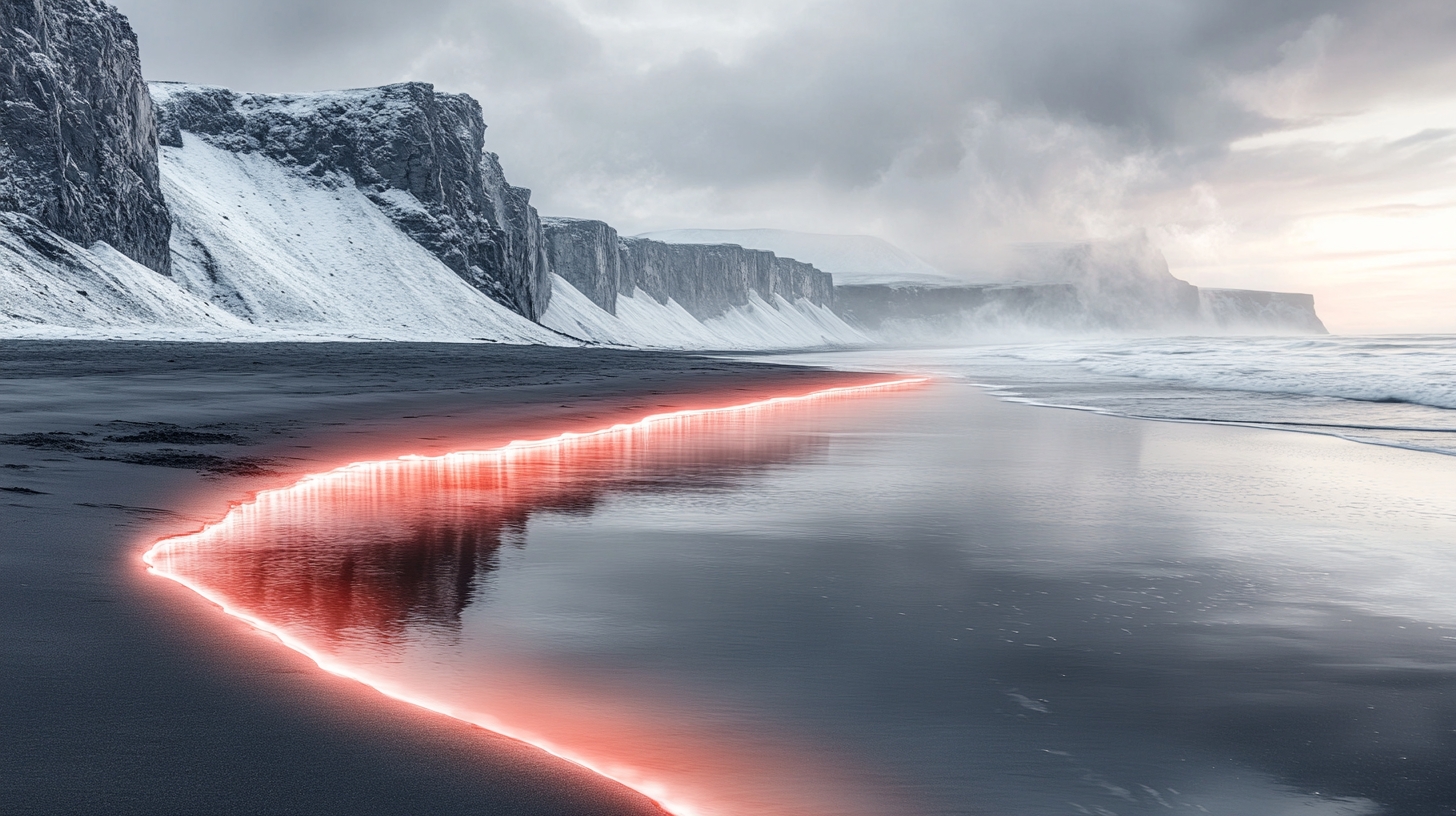 Pink neon river on black sand beach in Iceland