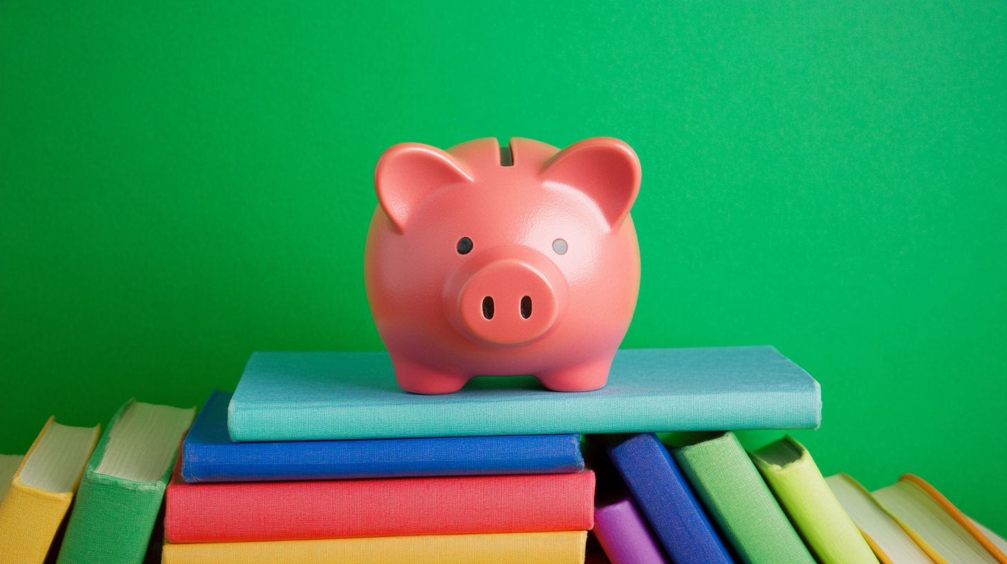 Pink piggy bank on books for education importance.