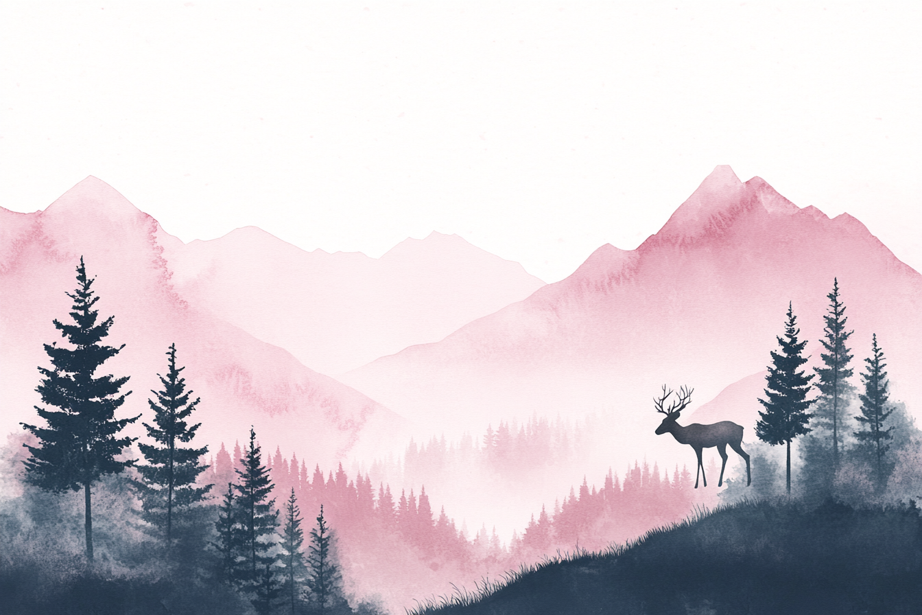 Pink sky, tall trees, mountains with deer on hill.