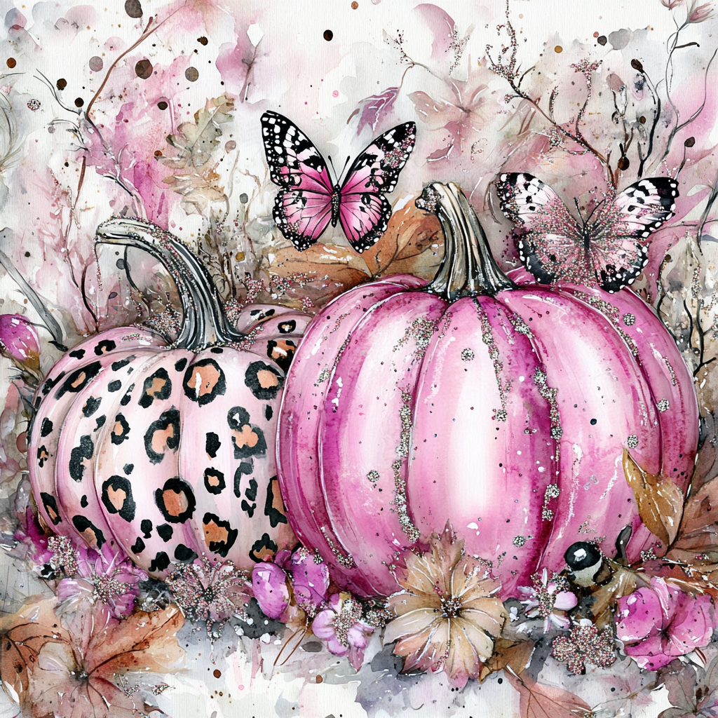 Pink sparkly pumpkins with leopard and cream patterns surrounded by pink butterflies, autumn colors and glitter on white background.