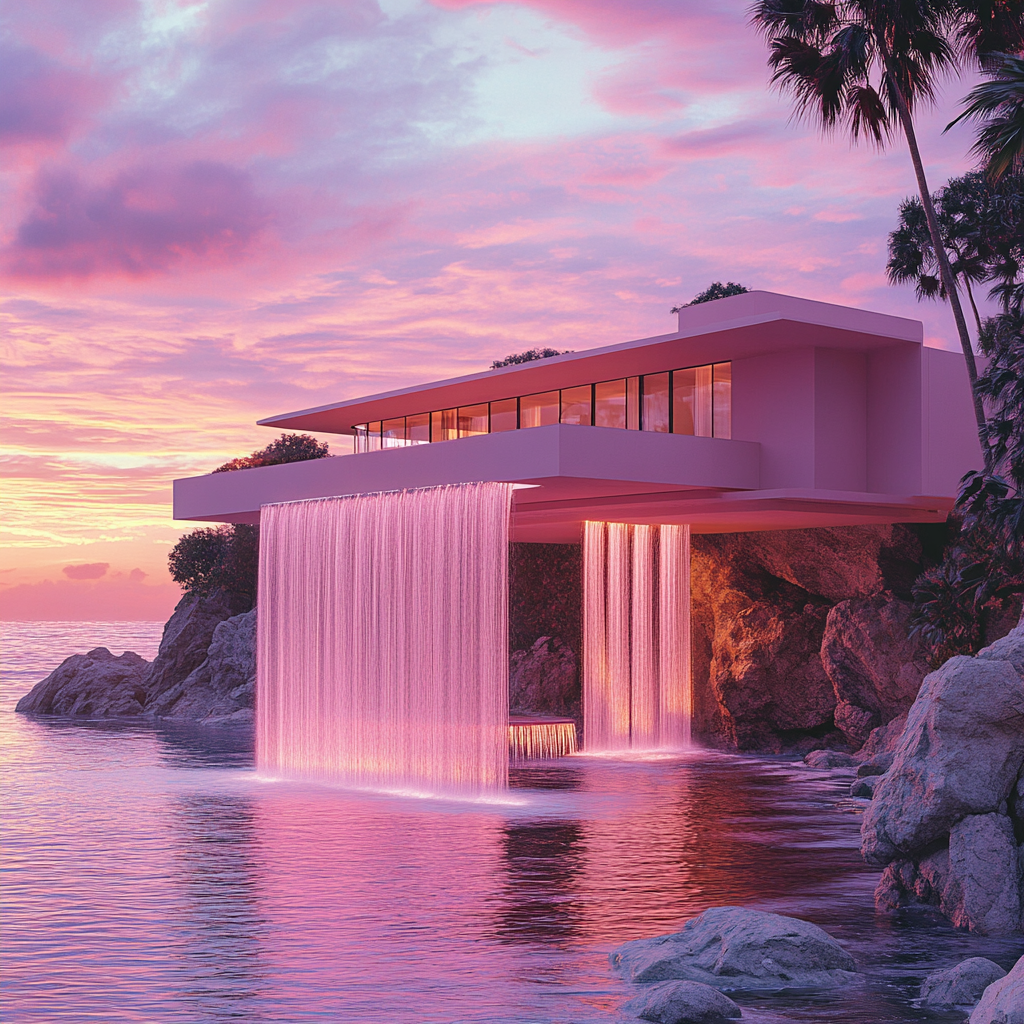 Pink toned futuristic Kaufmann House reimagined in lunar setting.