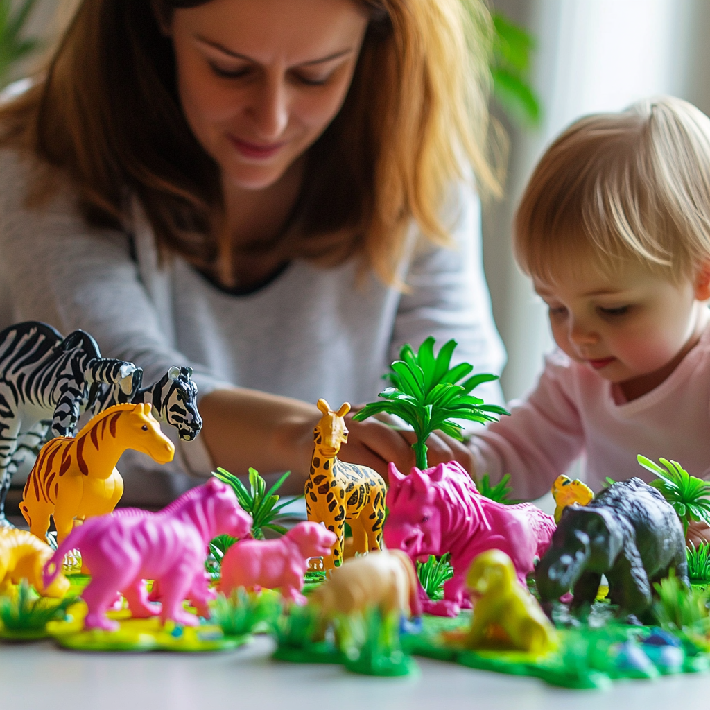 Pink toy animals and jungle scene for playtime.