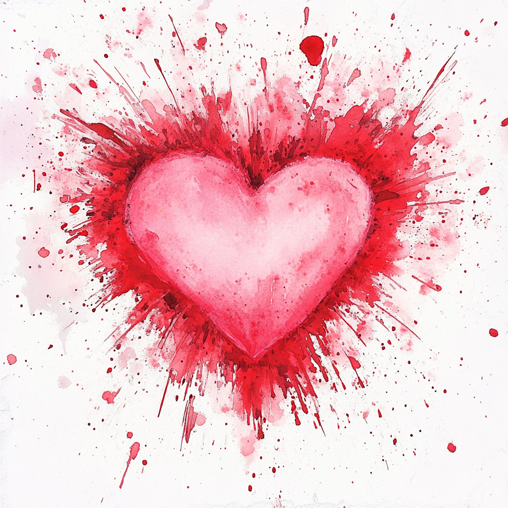 Pink watercolor heart with red paint splatter illustration.