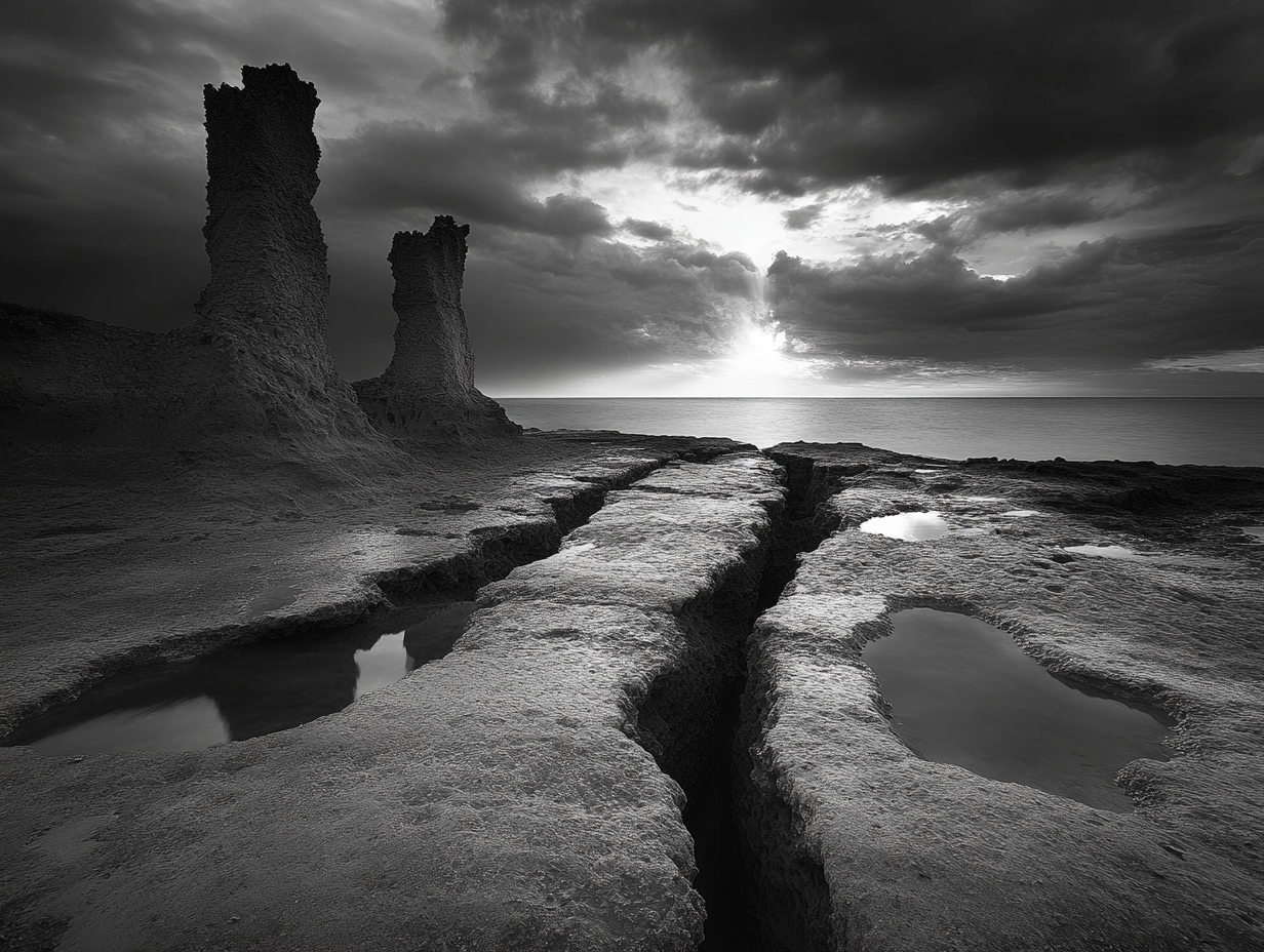 Pinnacle limestone rocks at sunset on stormy ocean.