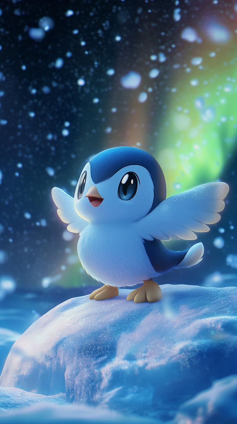 Piplup Pokemon on iceberg, gazing at northern lights.