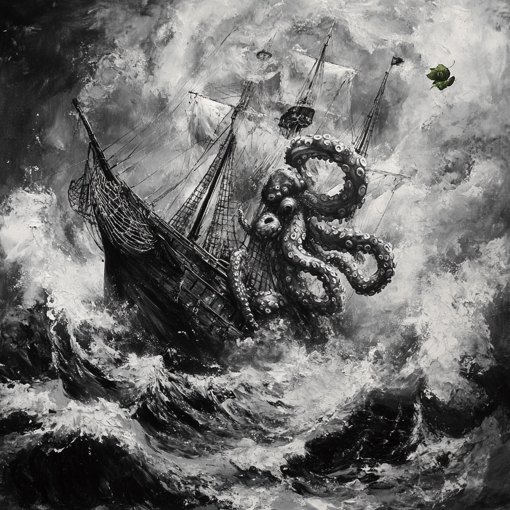 Pirate Ship Battles Octopus in Stormy Seas