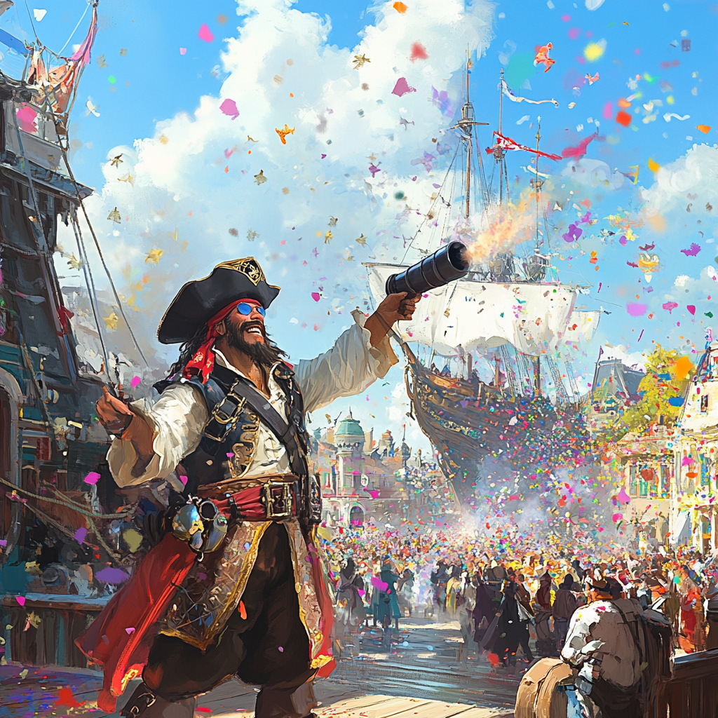 Pirate Ship Enters Amusement Park with Confetti