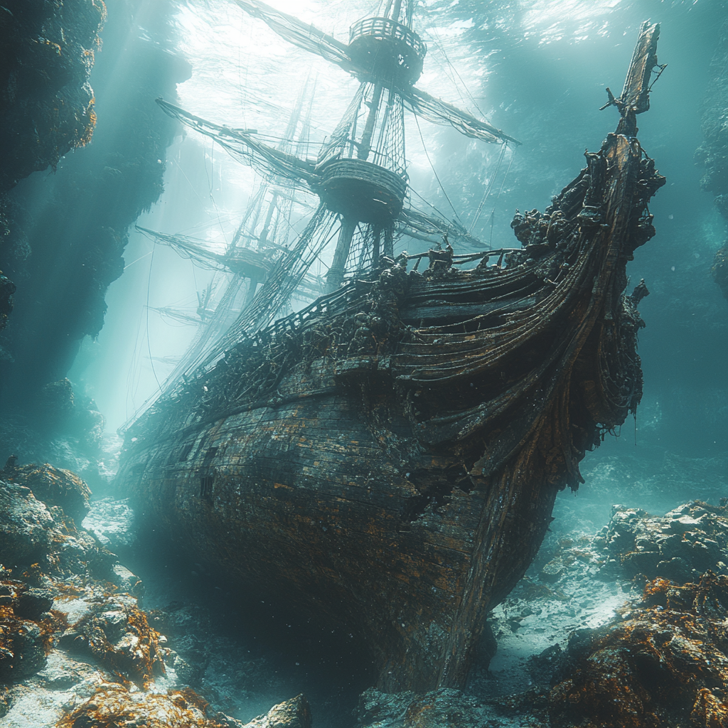 Pirate Shipwreck Under Ocean: Detailed, Cinematic Photography