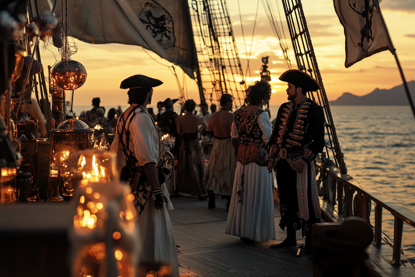 Pirate actors on yacht, Aegean Sea, sunset glow.