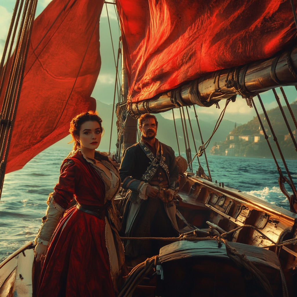 Pirate captain and stylish lady on sailing ship scene