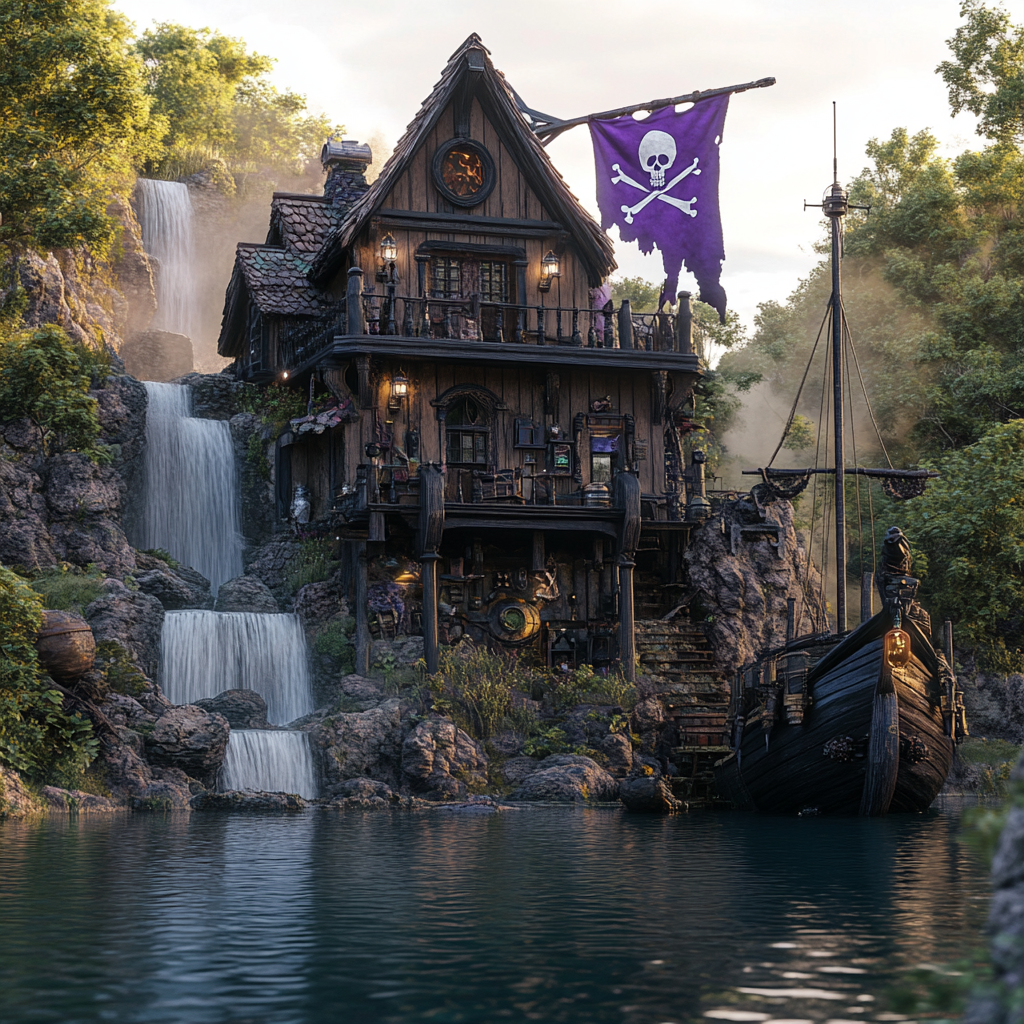 Pirate house with purple and black flag. Pirate ship.