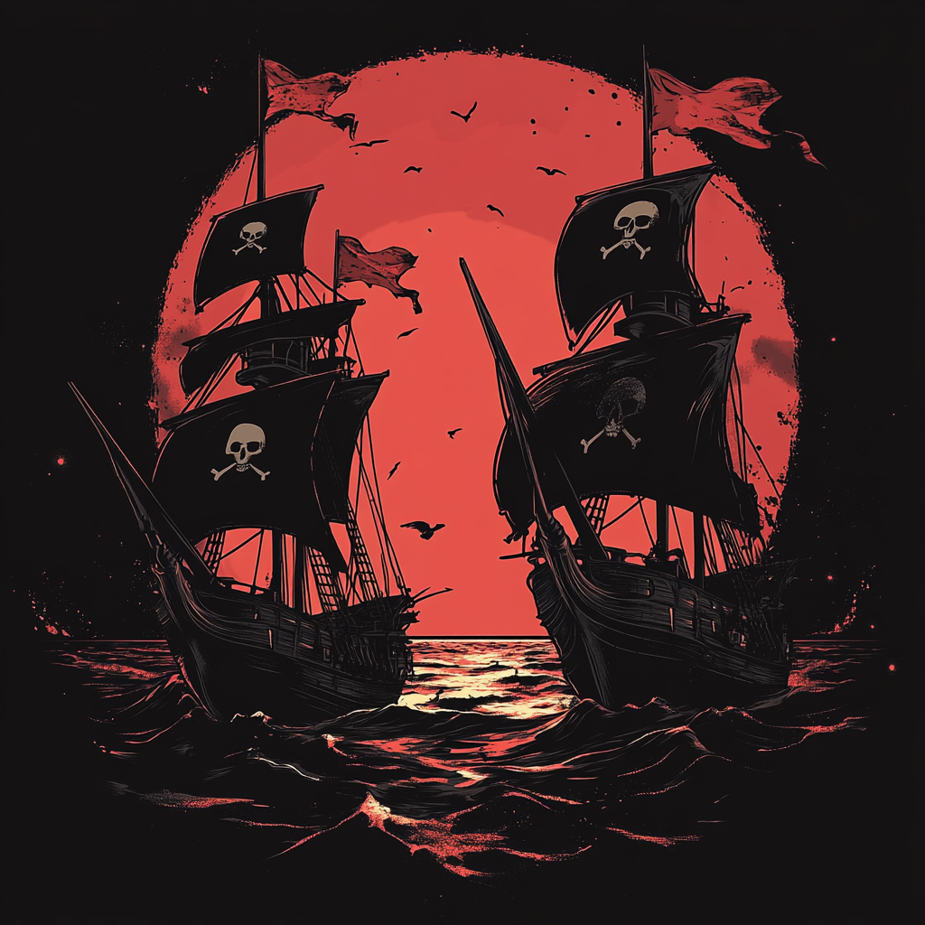 Pirate ships battle with visible flags in retro design.