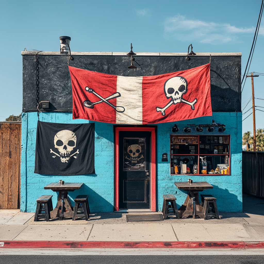 Pirate tacos and beer at punk taco shop.