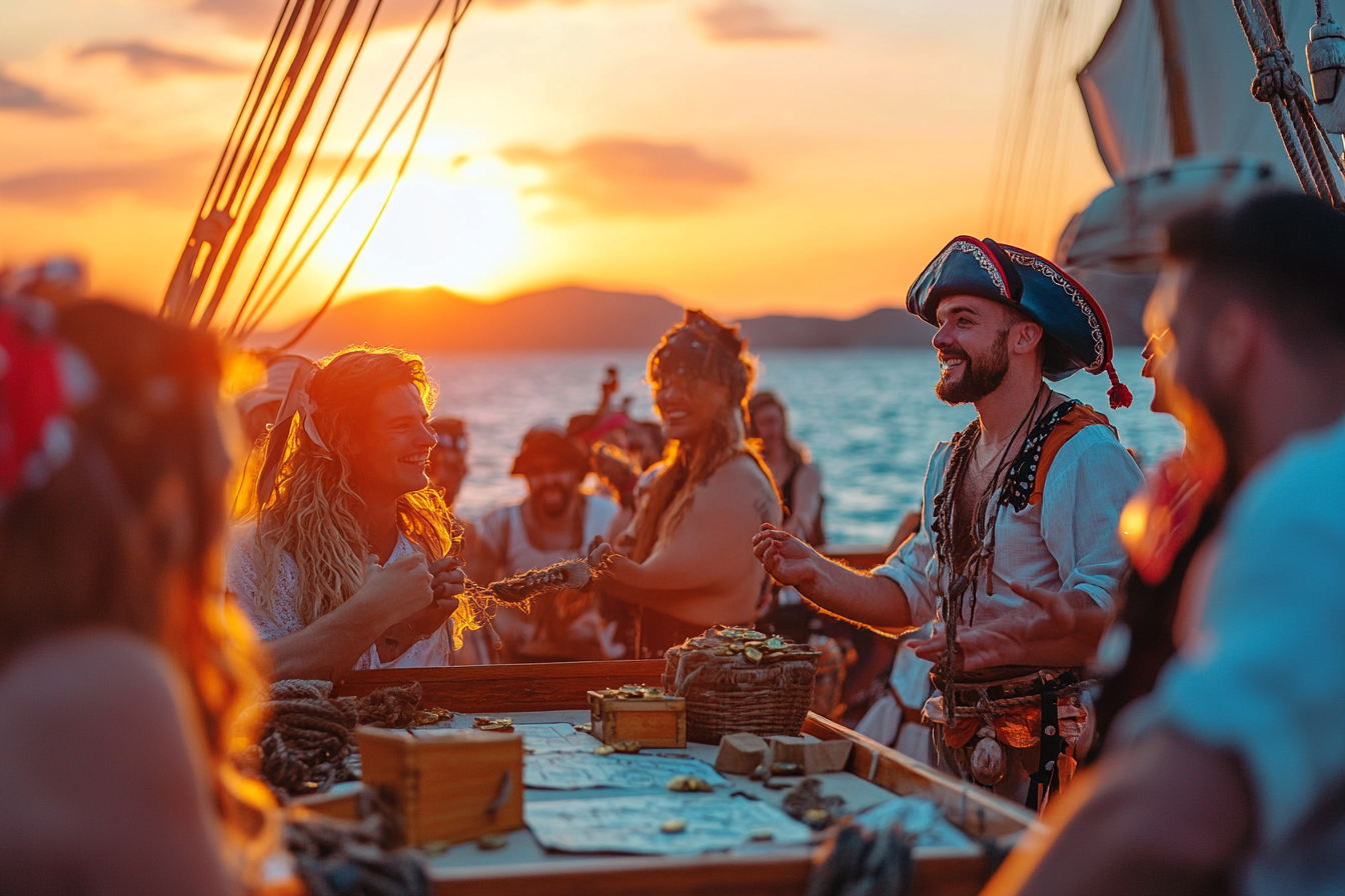 Pirate theme yacht charter with treasure hunt activity on Greek islands.