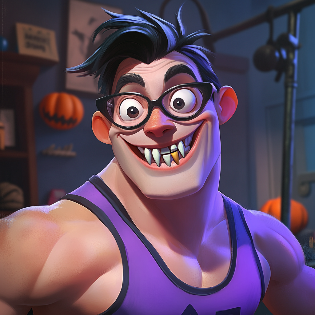 Pixar cartoon style with smiling 25-year-old vampire, gym setting, vibrant tones.