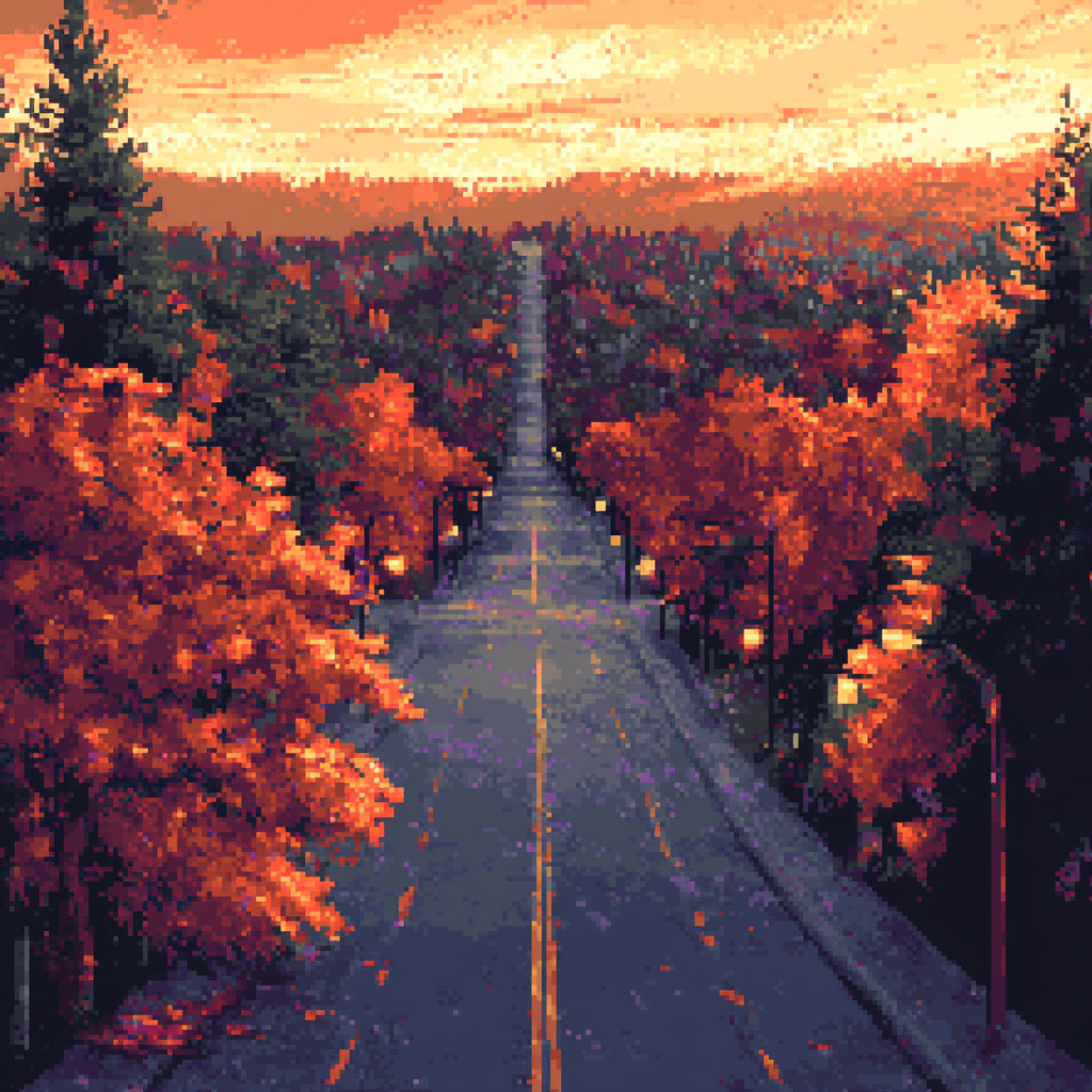 Pixelated sunset view down road with fall trees