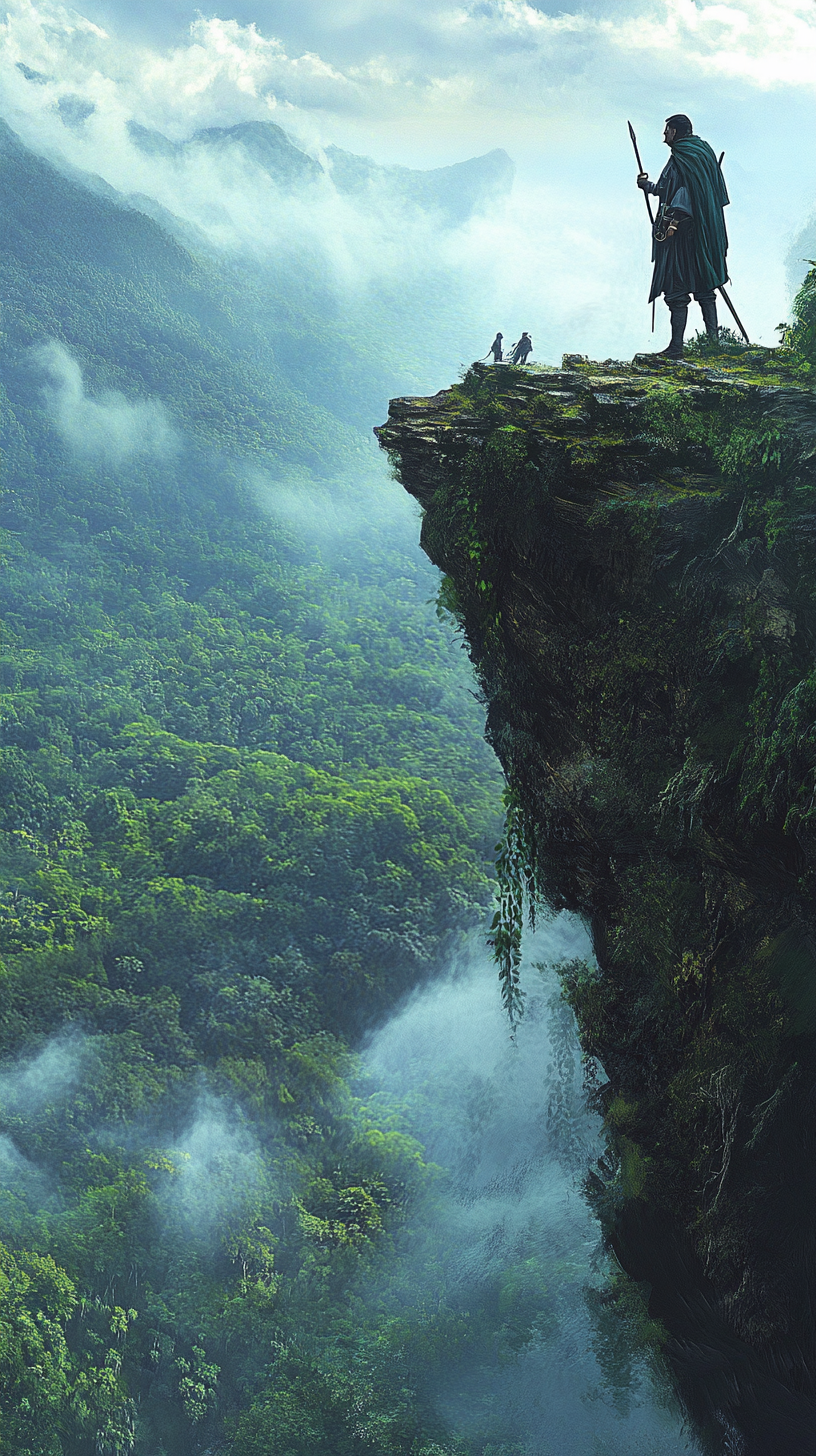 Pizarro on cliff, with Spanish soldiers, misty jungles.