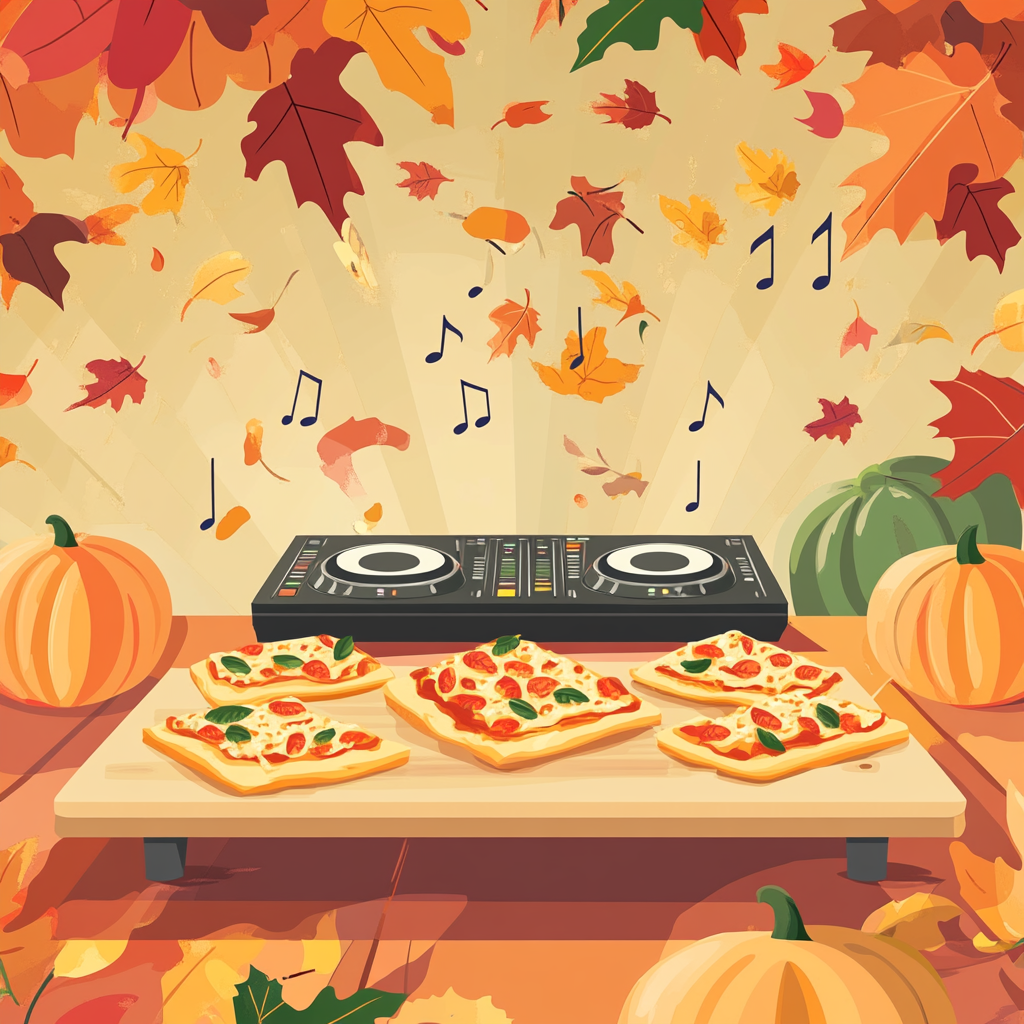 Pizza party in fall with DJ, pumpkins