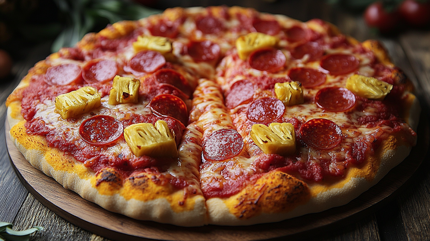 Pizza with pepperoni and ananas, shaped like feet.