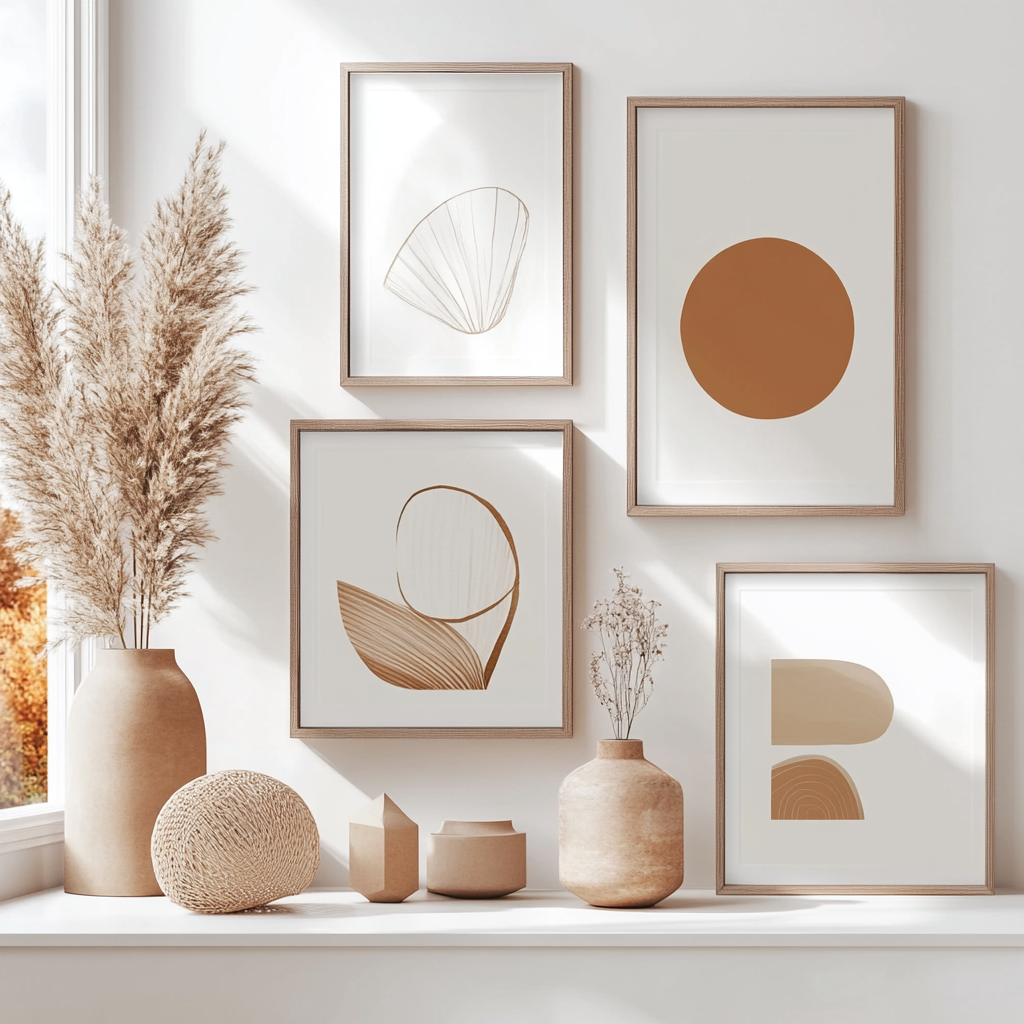 Plain white wall with minimalist modern design, boho-style framed art prints in neutral tones.