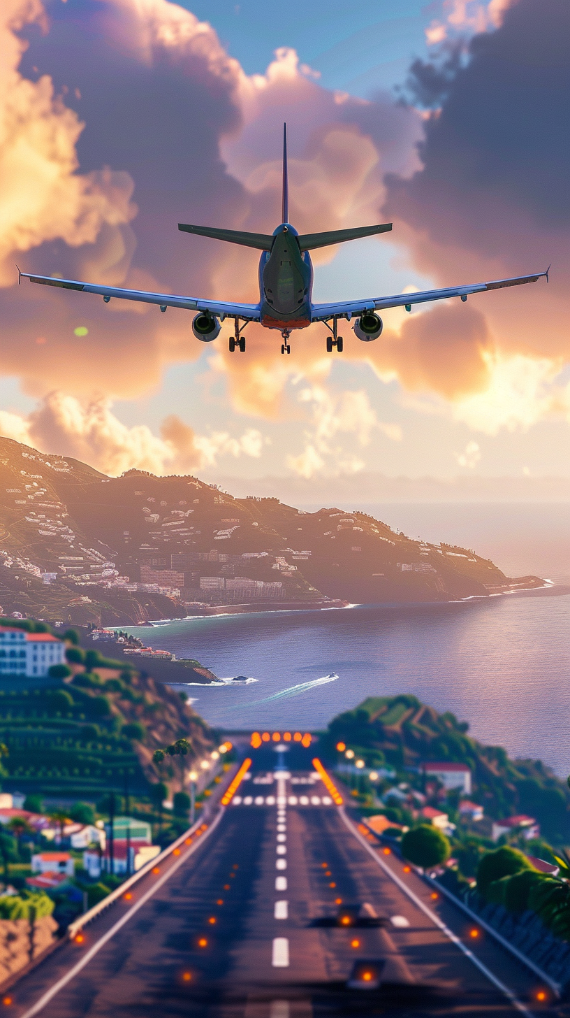 Plane landing awkwardly off balance at Madeira Airport.