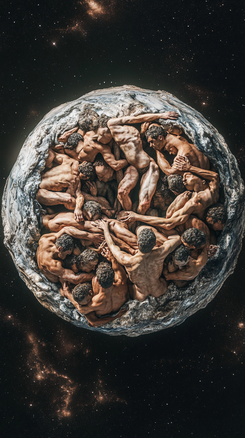 Planet made of intertwined human bodies, symbolizing unity.