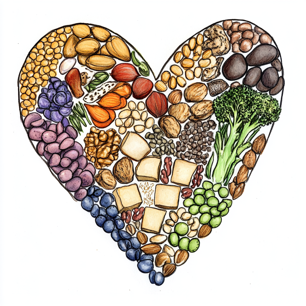 Plant-based protein sources in heart-shaped illustration.