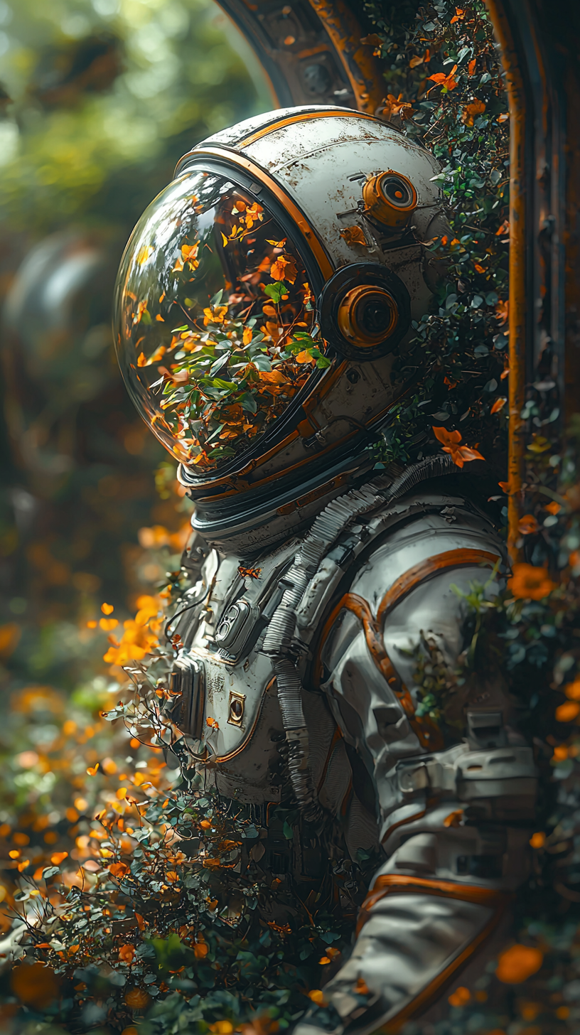 Plant in space suit by window in spaceship.