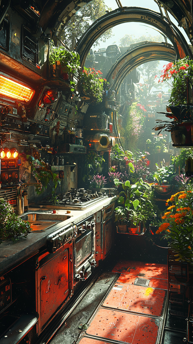 Plants floating in rundown space kitchen - Concept art.