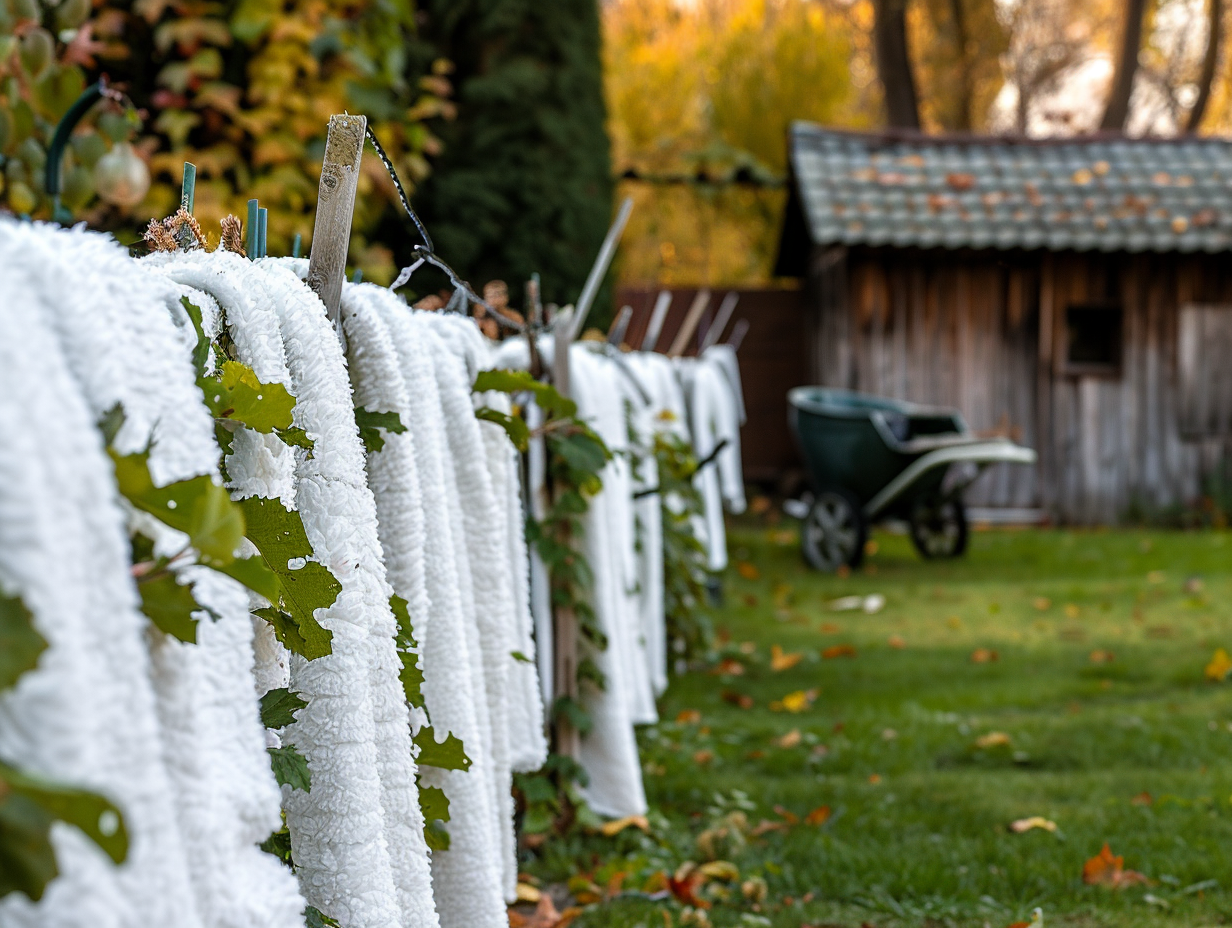 Plants protected with white fleece fabric in garden scene.