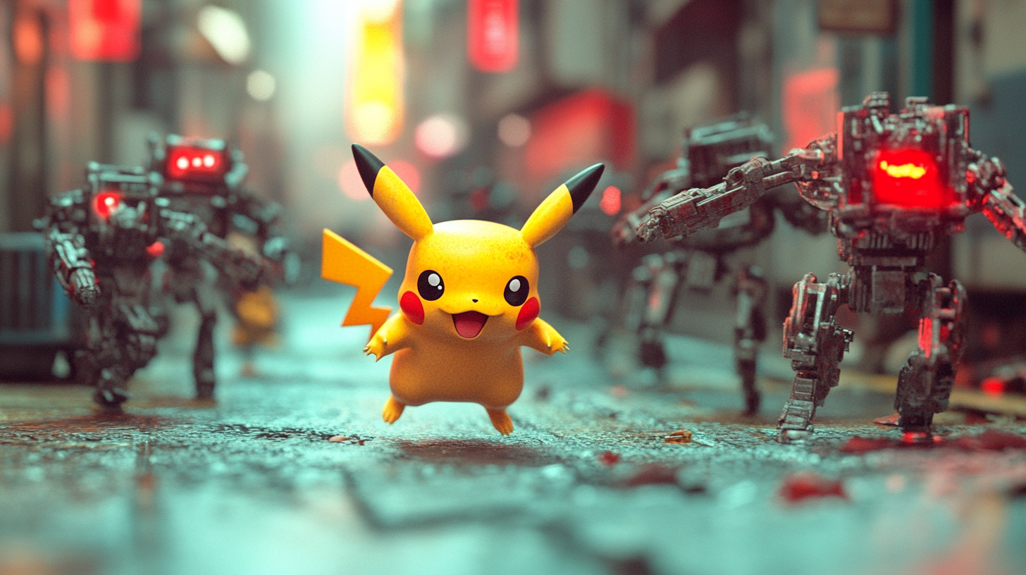 Plastic Pikachu runs from Terminator robots in Tokyo diorama.