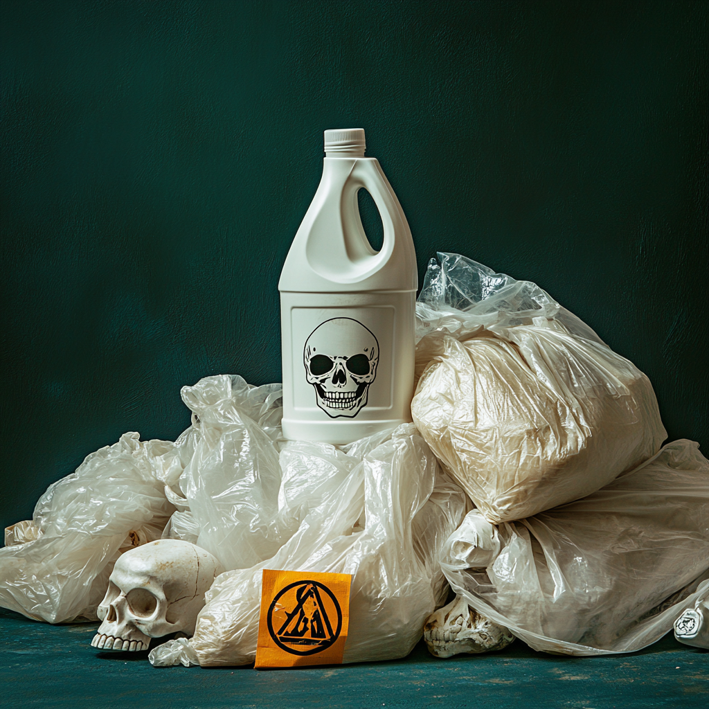 Plastic bags and bottles littered on floor, caution skull.