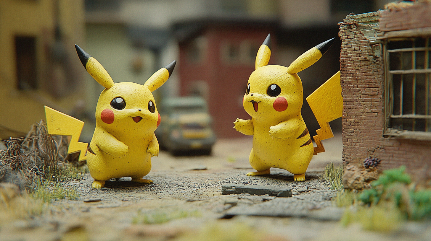 Plastic diorama of alive Pikachu next to android Pikachu.