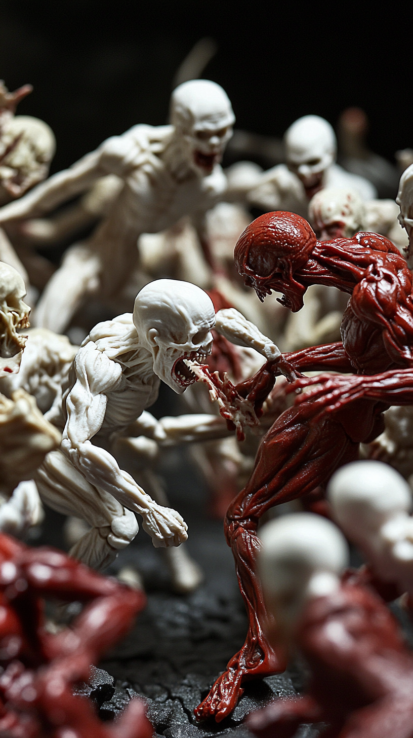 Plastic figures with skull heads battling fiercely in diorama.