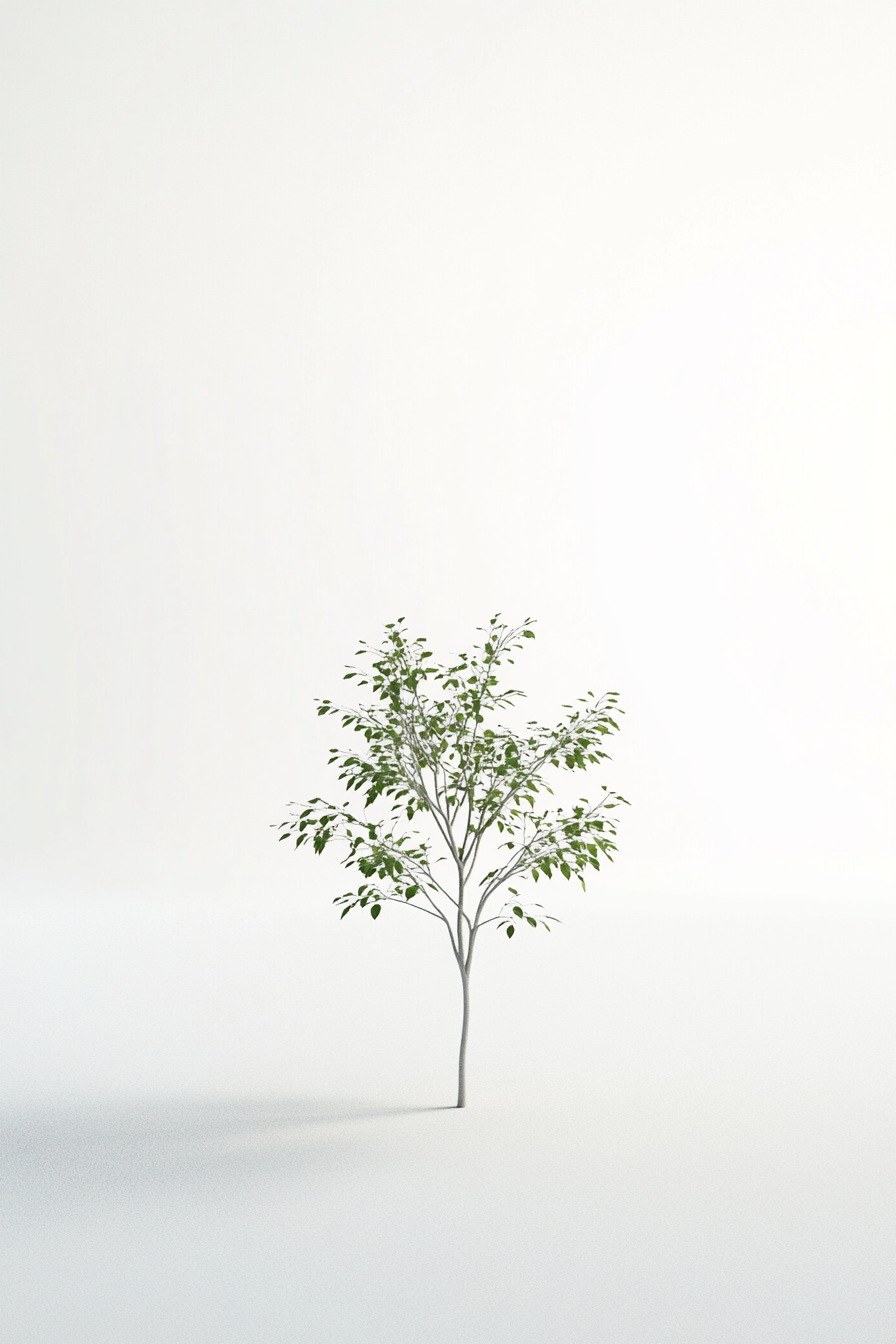 Plastic sapling in empty space, elegant with wavy trunk.